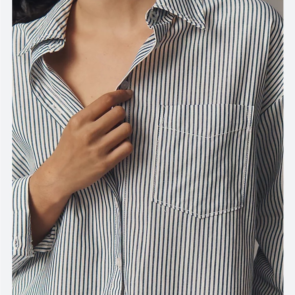 Tahari 100% Linen Blue and White Striped Shirt Button Up Shirt Size  XL - Picture 13 of 16